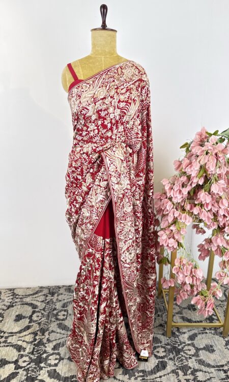 Deep red colour Parsi gara saree
