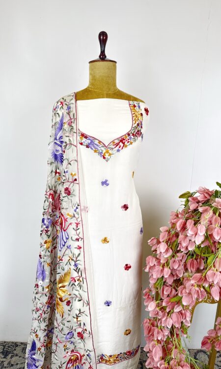 White colour Parsi gara unstitched suit
