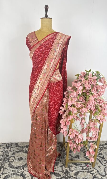 Red colour half and half bandhani saree