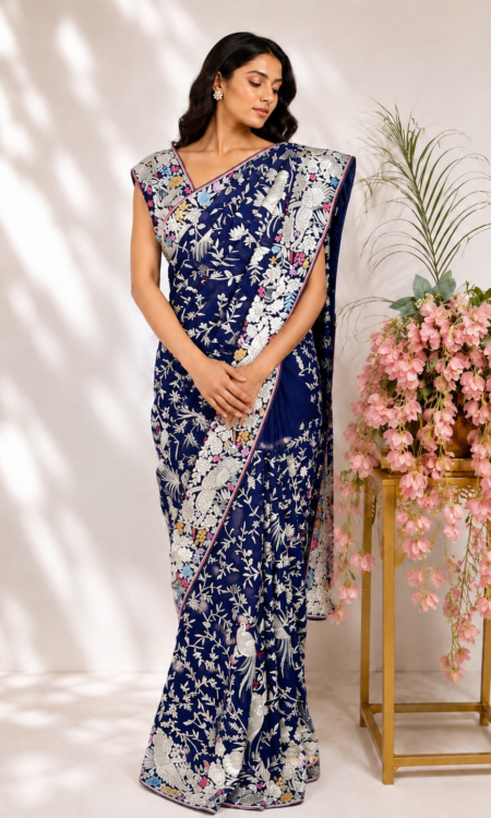 Ink blue colour Parsigara saree