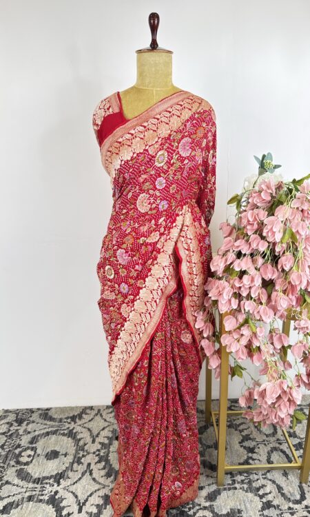 Red colour bandhani saree