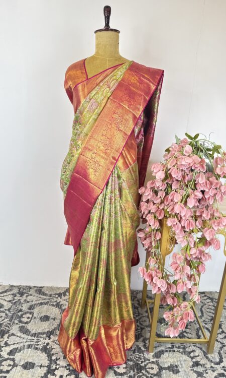 Parrot green colour kanchi tissue saree
