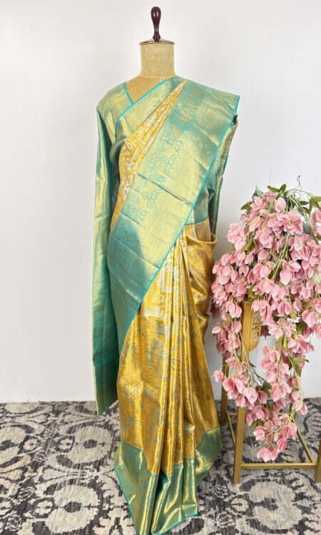 Yellow and sea blue Kanchi tissue saree
