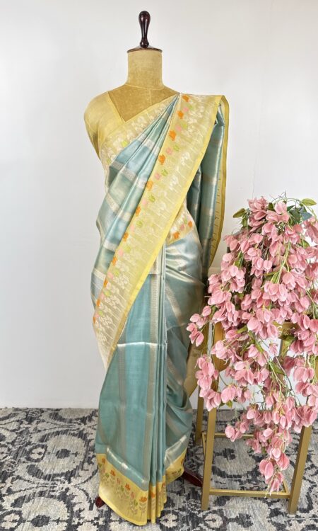 Sky blue colour Kora Banarasi saree