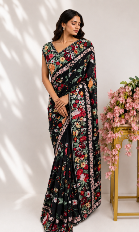 Black colour Parsi gara saree