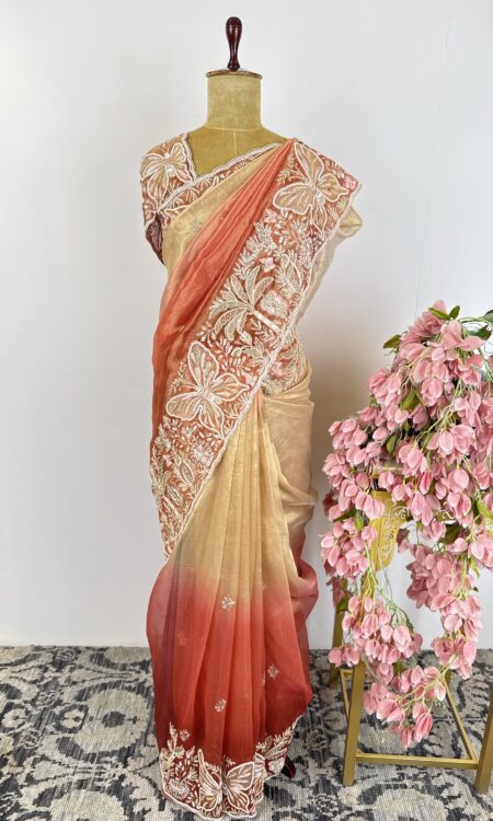Beige to peach organza tissue saree