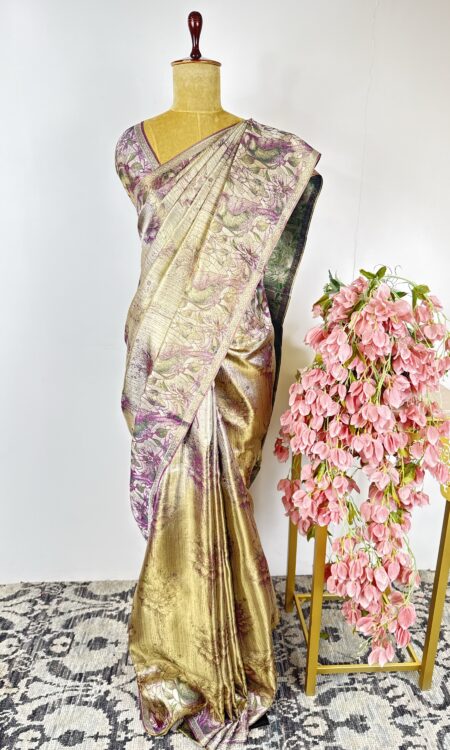 Gold and purple Kanchi tissue saree