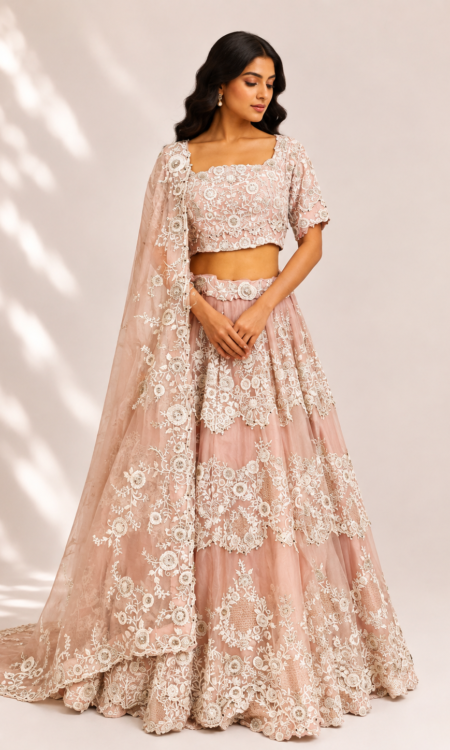 Powder pink colour tissue lehenga