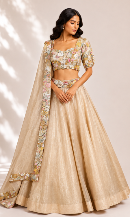 Beige colour crush tissue lehenga