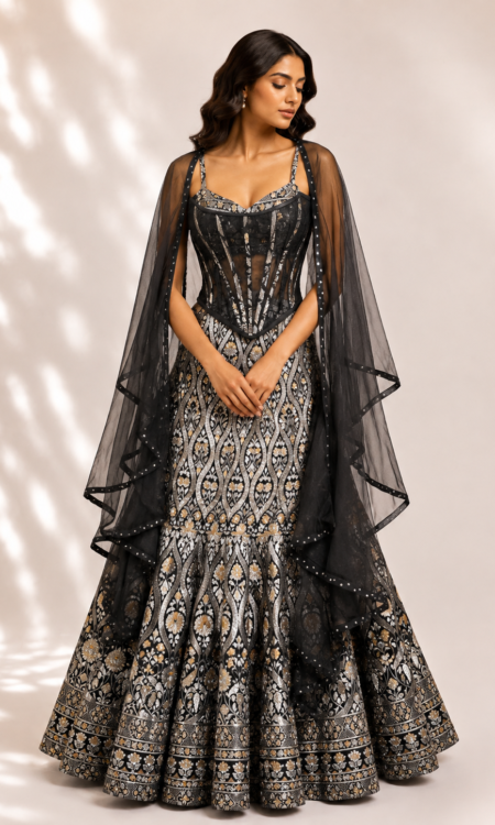 Black colour fitted lehenga with corset top