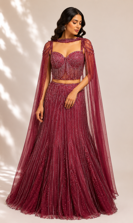 Maroon colour fitted skirt with buster