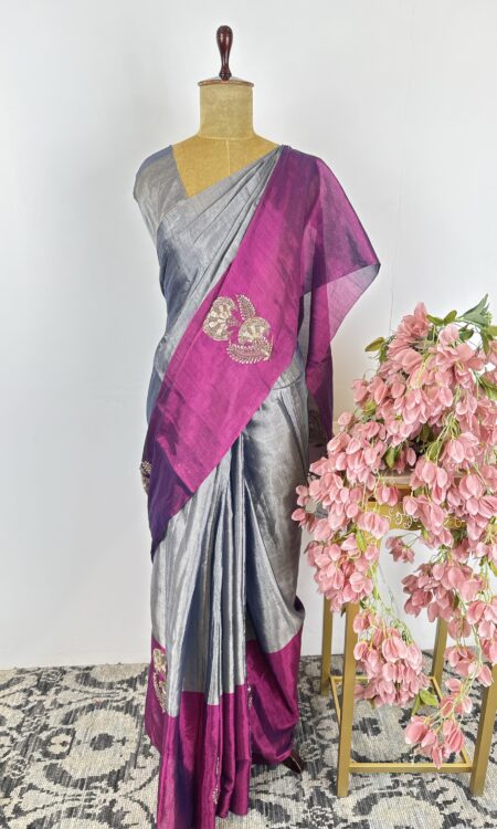 Silver and purple colour tissue saree