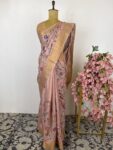 Light onion pink colour tussar saree with cross stitch embroidery