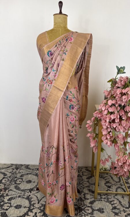 Light onion pink colour tussar saree with cross stitch embroidery