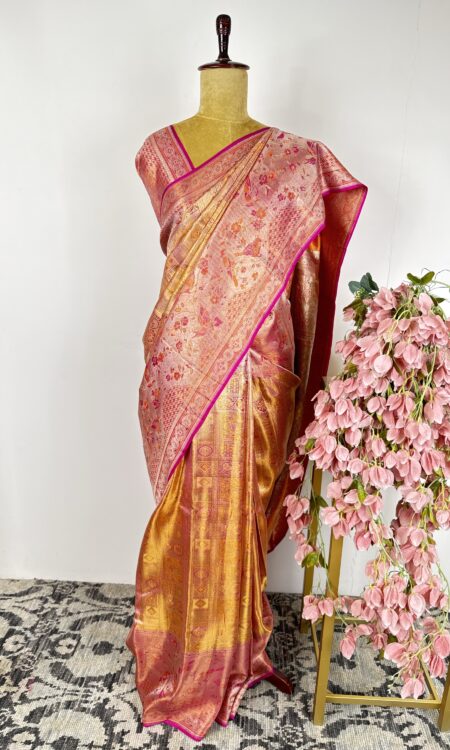 Orange gold and pink kanchi saree