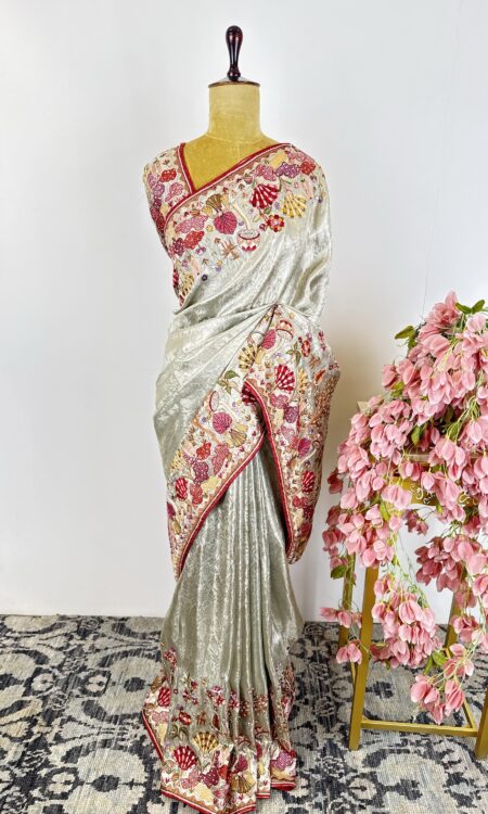 Silver colour Banarasi tissue saree