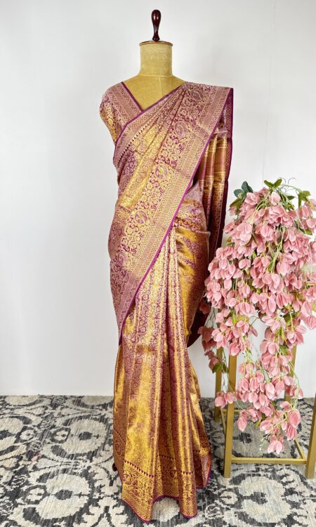 Purple and gold colour kanchi saree