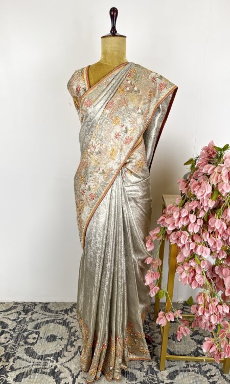 Silver colour Banarasi tissue saree