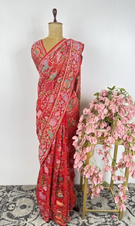 Red colour bandhani saree