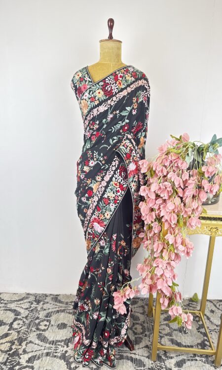 Black colour Parsi gara saree