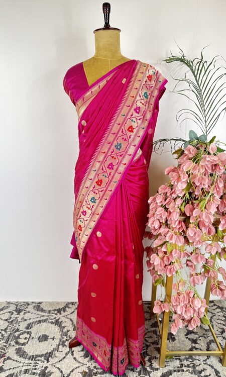 Pink colour raw mango saree with paithani border