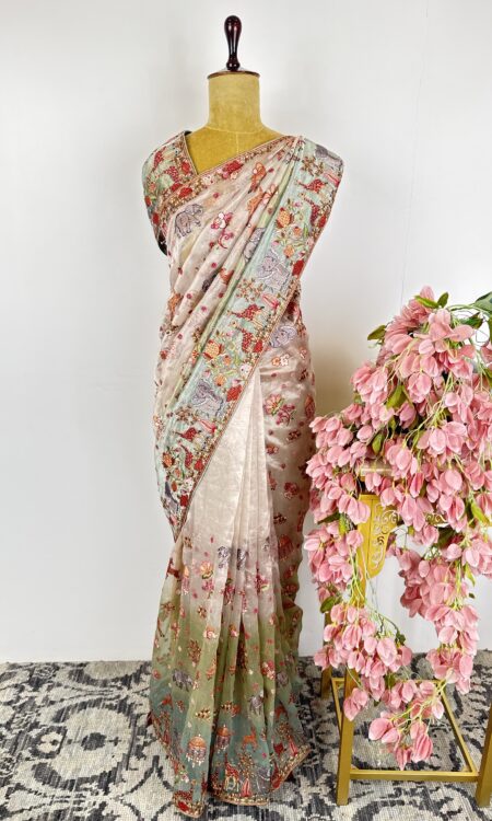 Silver to green tissue saree