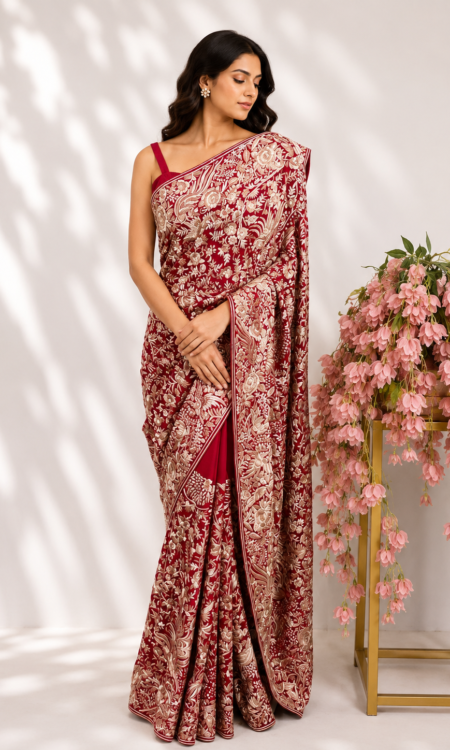 Deep red colour Parsi gara saree