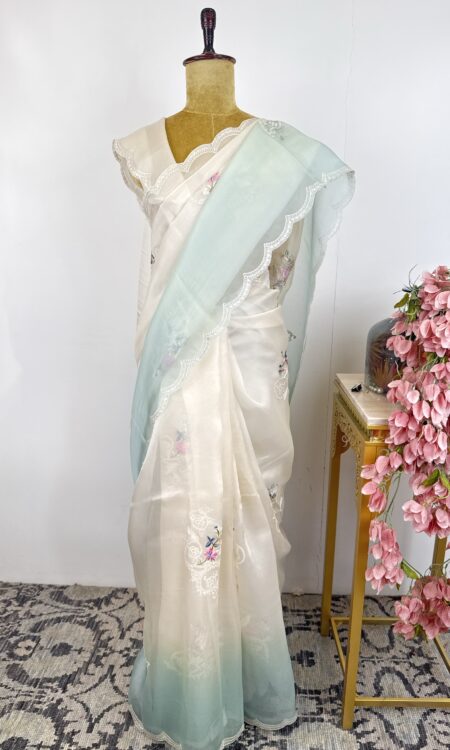 Blue white organza saree