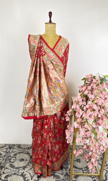 Red colour Ramayan Bandhani saree