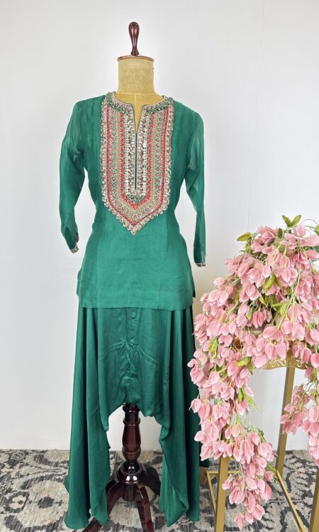 Green colour short top with harem pants