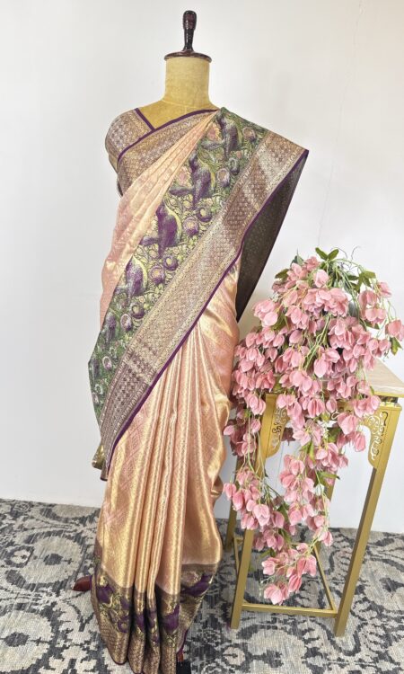 Peach and purple kanchi tissue saree