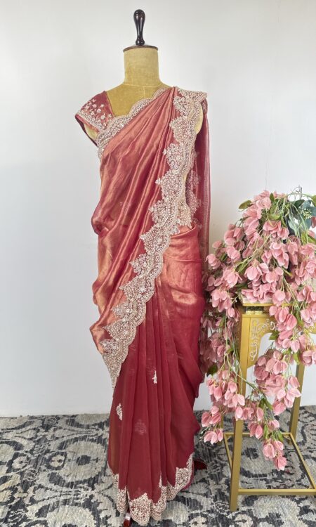 Rust red colour tissue saree