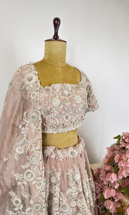 Powder pink colour tissue lehenga