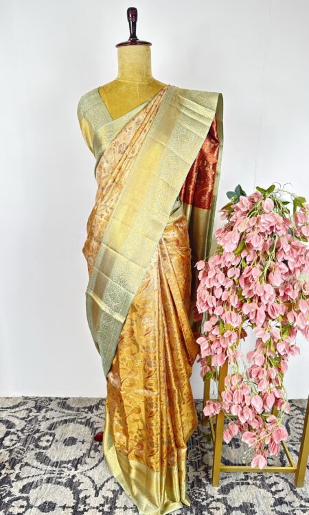 Sea green and gold Kanchi tissue saree
