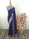 Blue crepe parsi gara saree