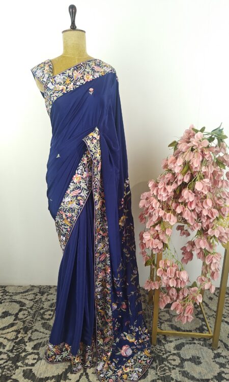 Blue crepe parsi gara saree