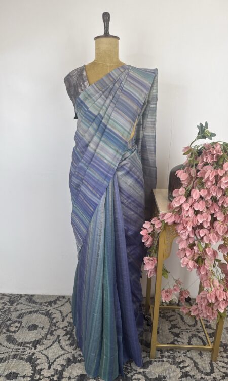 Blue Multi coloured tussar silk saree