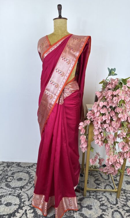 Pink colour raw mango saree with paithani concept border