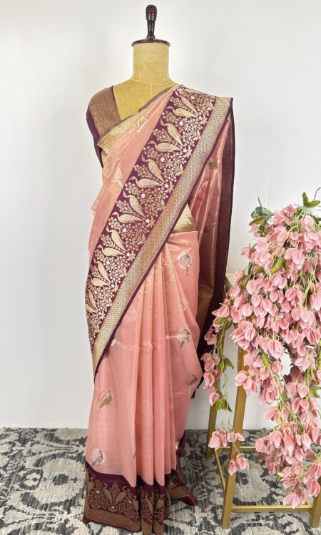 Peach and wine colour Banarasi tissue saree