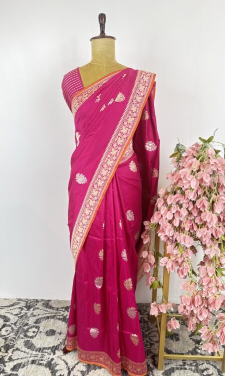 Hot pink colour Banarasi silk saree