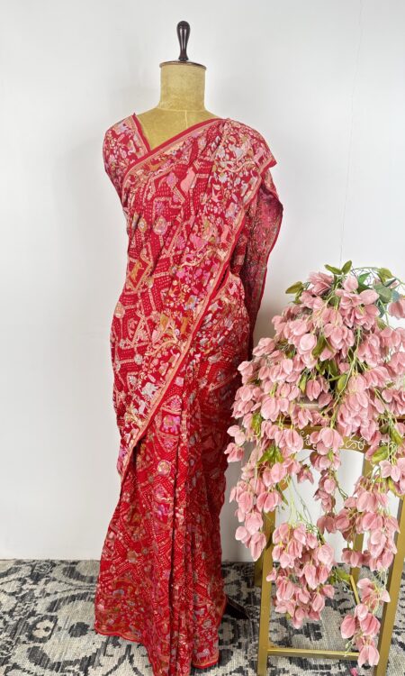Red colour bandhani saree