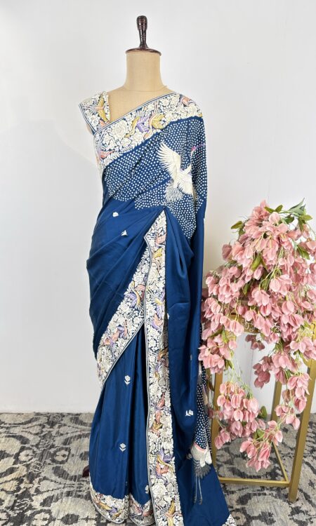 Peacock blue colour Parsi gara saree