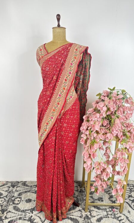 Red colour bandhani saree