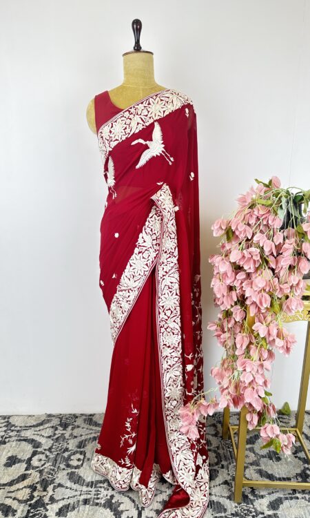 Deep red parsi gara saree