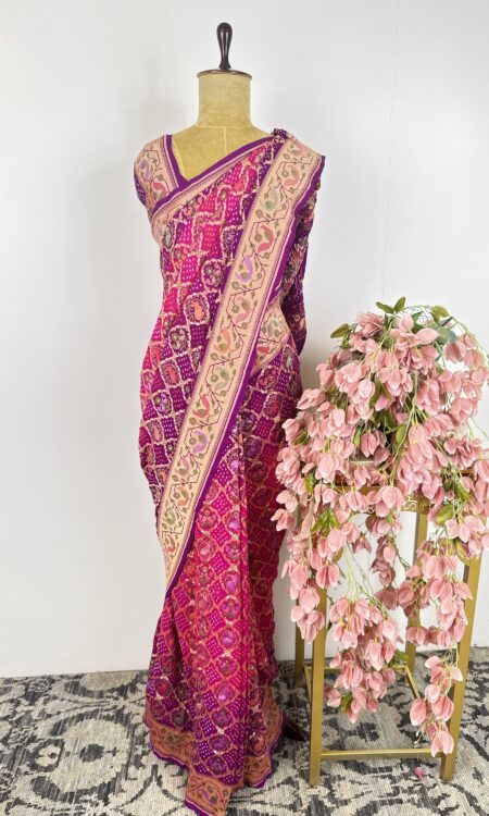 Purple to pink Bandhani saree