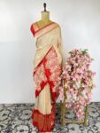 Beige and red colour Kora Banarasi saree