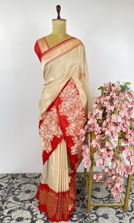 Beige and red colour Kora Banarasi saree