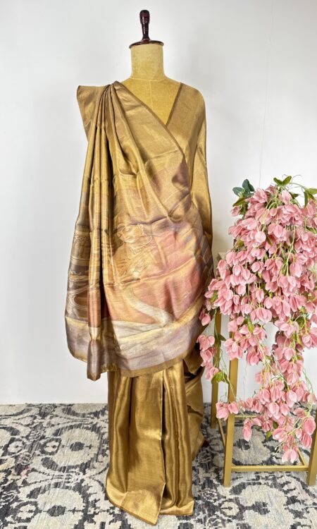 Gold Kanchi tissue saree with ravi varma Shakuntala concept