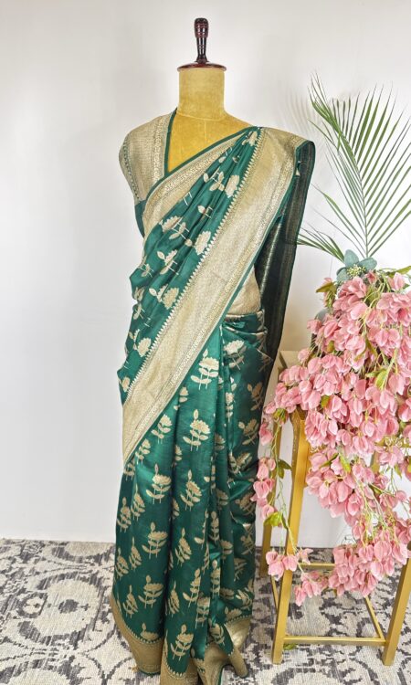 Bottle green colour moonga silk saree