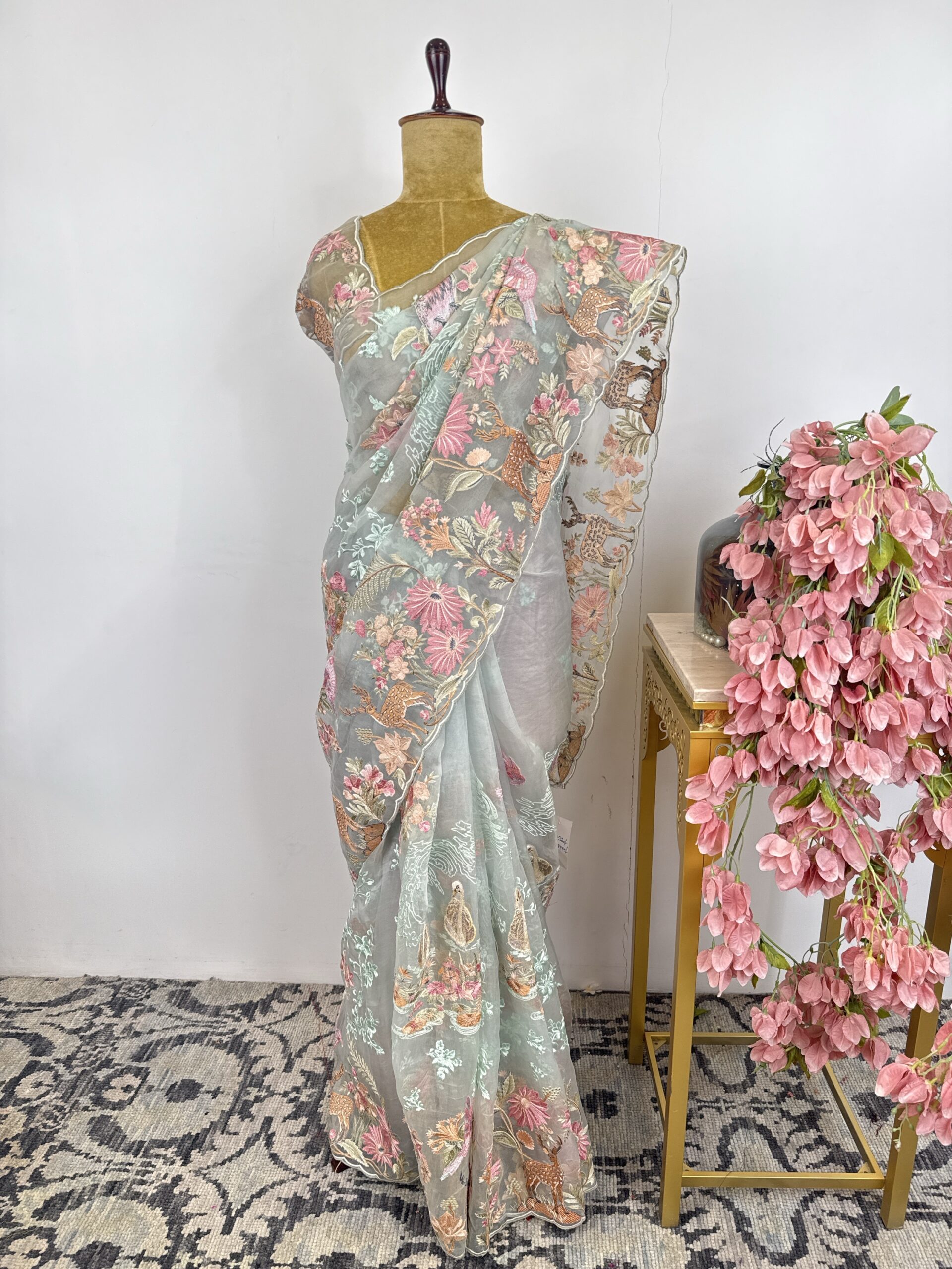 Sea green colour organza saree